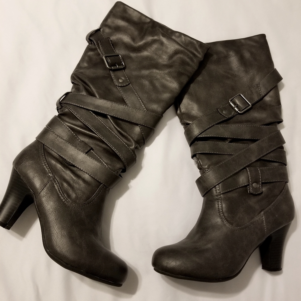 Gray leather boots